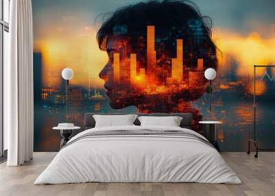 Silhouette of a Person Overlaid with a Cityscape Wall mural