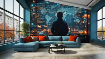 Silhouetted Figure Observing a World Map on a Digital Screen Wall mural