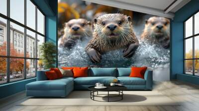 Three Otters Swimming in Water Wall mural