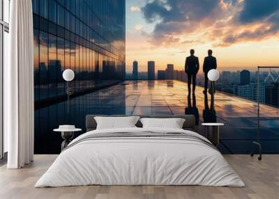 Two Businessmen Standing on Rooftop at Sunset Wall mural