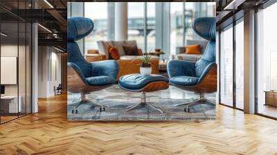 Blue modern airport lounge with large windows and comfortable chairs  Wall mural