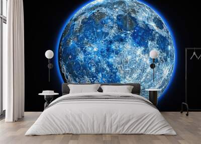 Blue super moon glowing with blue halo isolated on black background  Wall mural