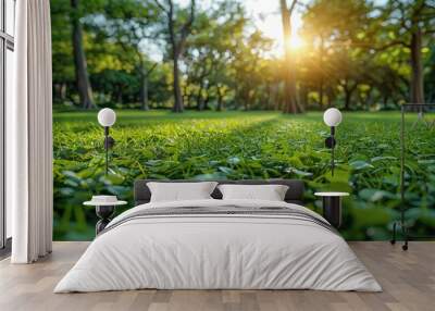 Green meadow in the park with trees and sky in summer   Wall mural