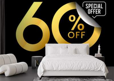 60 Percent Off Discount. Golden Numbers With Percent Sign And Unique Zeros In Black Background. Special Offer. Vector Illustration Wall mural