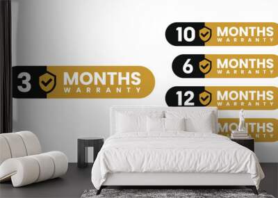 Minimalist and elegant Vector warranty shield with checklist label icon set. Black and gold. number of months 3, 6, 10, 12, 15. vector eps Wall mural