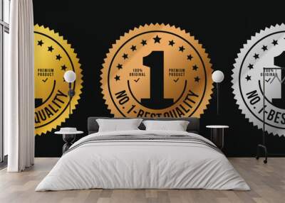 No. 1 Best Quality label, circle with silhouette of number 1 vector label in gold, bronze and silver. suitable for icon, logo, sticker, seal, badge, emblem, stamp, etc. Wall mural