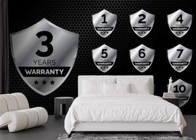 warranty shield silver label icon set. number of years 3, 1, 2, 3, 4, 5, 6, 7, 8, 9, 10. Vector EPS 10 Wall mural