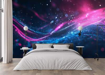 Abstract light waves in blue and pink colors create an artistic visual effect resembling a cosmic landscape at night Wall mural