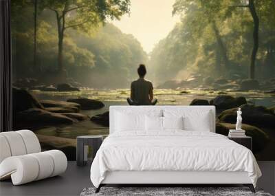 Back view serene individual meditating practicing mindfulness by the lake, peaceful sitting in lotus position landscape nature background Wall mural