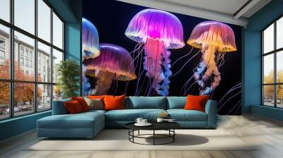 Beautiful glowing jellyfish on dark background sea Wall mural