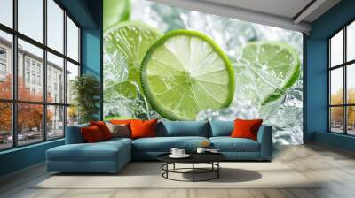 Bubbly water ice cubes with lime slices Wall mural