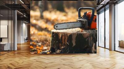 Chainsaw on wooden stump or firewood at forest background Wall mural