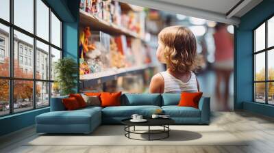 Cute child looking toys at shelf in kids store Wall mural