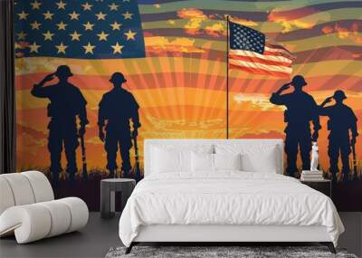 Silhouettes of soldiers saluting on background of sunset or sunrise and USA flag Wall mural