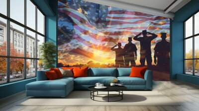 Silhouettes of soldiers saluting on background of sunset or sunrise and USA flag Wall mural