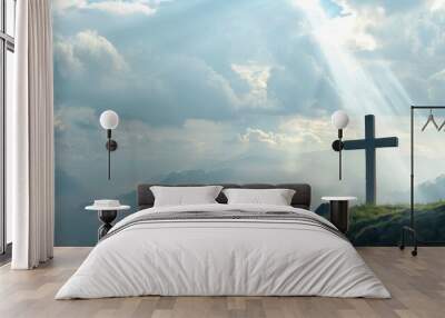 The holy cross symbolizes the death and resurrection of Jesus Christ with the Heavens above covered in light and clouds Wall mural