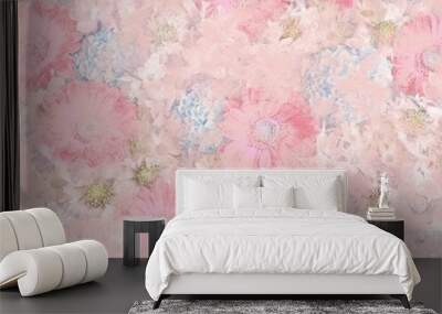 Pink background with flowers. Rough sketch of gerbera and hydrangea Wall mural