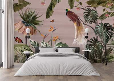 Tropical jungle pattern wallpaper with palm trees plants birds butterflies and birds of paradise on a pink background for wall print Wall mural