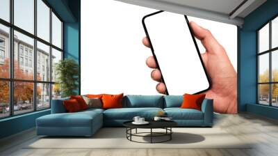 Hand holding the black smartphone iphone with blank screen and modern frameless design in two rotated perspective positions - isolated on white background - Clipping Path	 Wall mural