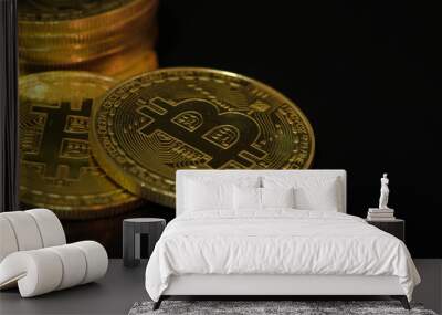 Physical Golden Bitcoin logo in the dark, New virtual money, bitcoin business exchange of trading screen on Closeup Bitcoins mockup of the money paper bank of various country, Economy Wall mural