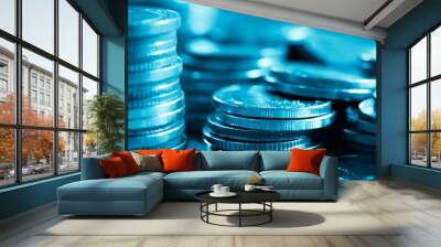 rows of coins and blurred bokeh for finance and banking concept Wall mural