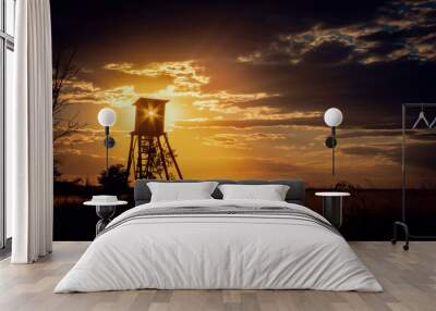 Dark Sunset Landscape with Sun in Hunting Tower Wall mural