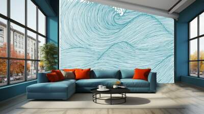 Big waves in the ocean. Tropical sea waves in Japanese art style. Line illustration vector pattern. Wall mural