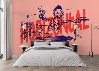 Disc golf skeleton. Get horizontal. Skeleton with cocktail jumping over the coffin to catch the disc. Silkscreen vintage typography silkscreen t-shirt print Wall mural