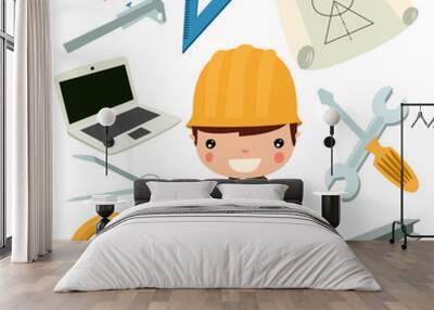 engineer kid with tools. vector set. Wall mural