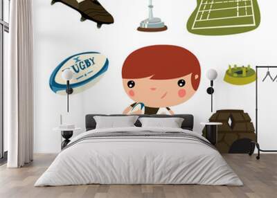 rugby equipment set. rugby cute kid vector character. Wall mural