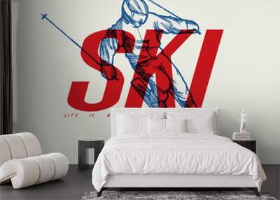 Ski typography t-shirt print design with skier going down - dynamic vector illustration Wall mural