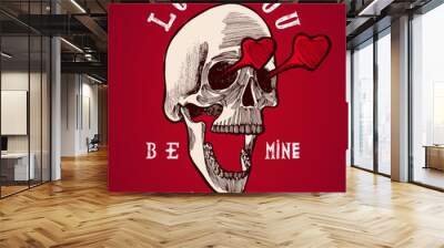 skull in love valentines grunge card. Wall mural