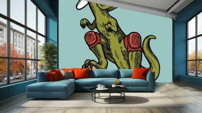 T-rex dino skateboarding in summer hat and sunglasses. Isolated dinosaur sports vector illustration. Wall mural