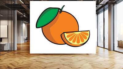 vector illustration of ripe and fresh orange fruit, orange fruit with leaves Wall mural