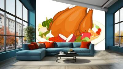 Vector illustration of a cooked turkey on a platter with various vegetables and fruit. Wall mural