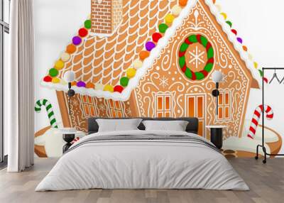 Vector illustration of an ornately decorated gingerbread house. Wall mural