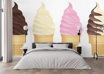 Vector illustration of soft serve ice cream cones in a variety of flavors. Wall mural