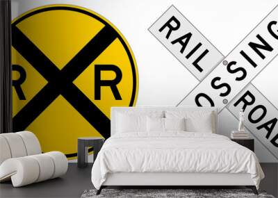 Vector illustration of two railroad crossing signs: a round sign and a crossbuck. Wall mural