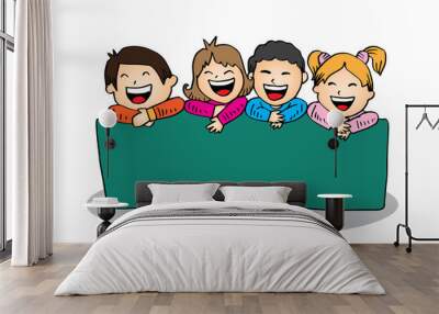 Cartoon happy kids holding banner Wall mural