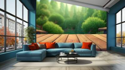 empty wooden table rustical style for product presentation with a blurred green summer forest in the background Wall mural