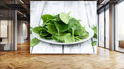 Old wooden table with fresh Spinach (selective focus; close-up shot) Wall mural