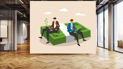 Digital business generating income, multiple revenue streams, side hustle earnings or freelance work, investment profit idea, two young men using laptop while seated on pile of dollar bills. Wall mural