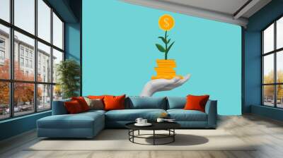 hand hanging coins and tree, business growth concept, long-term investment concept, Start invest in stock market, begin savings to achieve financial goal illustration. Wall mural