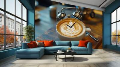 A Cup of Latte Decorated with a Clock-Shaped Design Wall mural