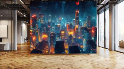 A futuristic cityscape lit up by neon lights, with glowing lines in the night sky. Wall mural