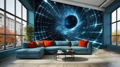 A glowing blue grid-like tunnel leading into a starry space background Wall mural