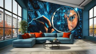 A Hand Holding A Magnifying Glass Over A Circuit Board With A Person's Eye In Focus Wall mural