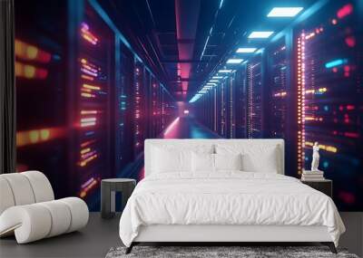 A long narrow corridor lined with rows of server racks, lit with blue and pink neon lights. Wall mural