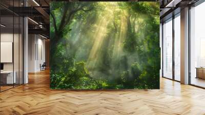 A magical forest scene with ethereal sunlight filtering through lush green trees and mist Wall mural