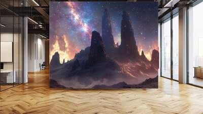 A Mountain Range under a Starry Sky with a Glowing Nebula Wall mural